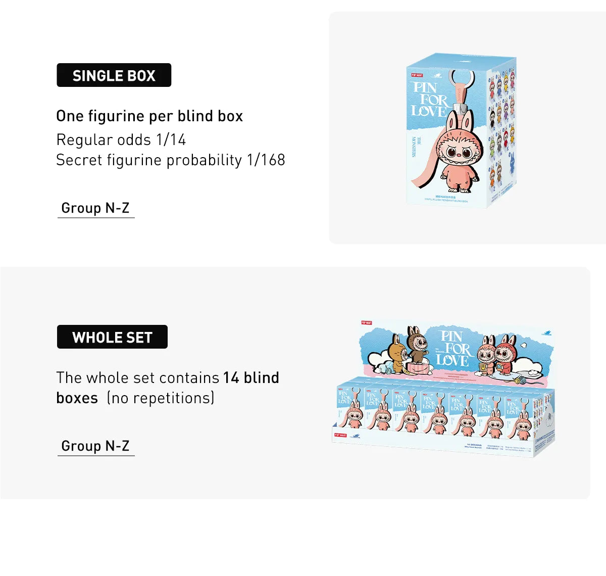 Pop Mart Peluche Labubu - Série Pin For Love (N-Z) - 1 pièce